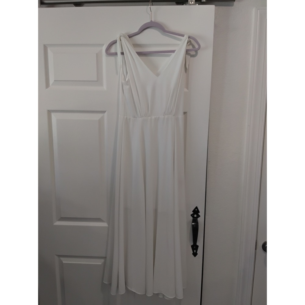 Betsey Johnson White Tie Shoulder V-Neck Pleated Crepe Midi Dress‎ -4